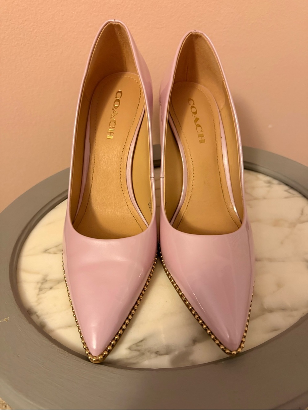Coach Pink Patent Pointed-Toe Pumps with Gold Beaded Trim
